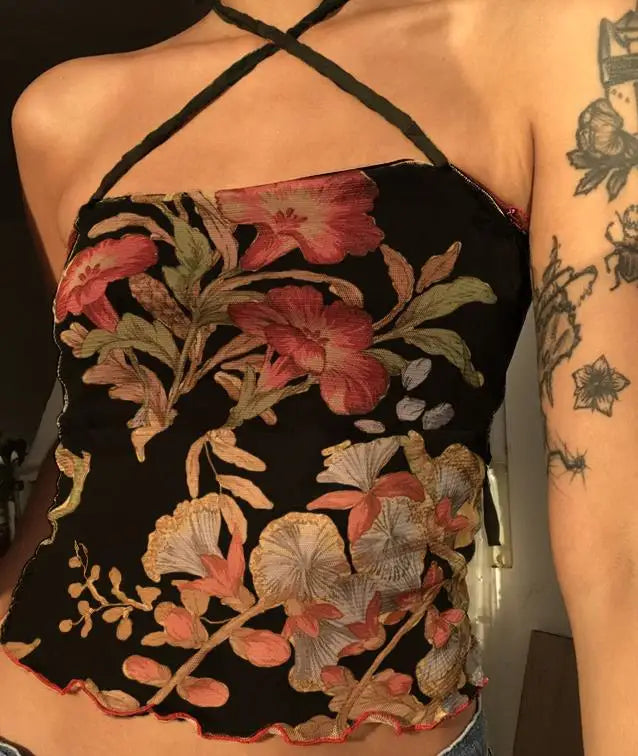 OLCooL 00s Floral Pattem Mesh Sheer Camis Hotsweet E-girl Slim Fit Backless Halter Tops Women Sleeveless Crop Top Vest Y2K Streetwear olcool
