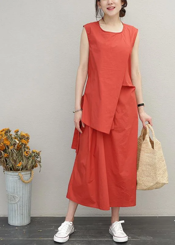 Loose red cotton Long Shirts o neck asymmetric Maxi summer Dress