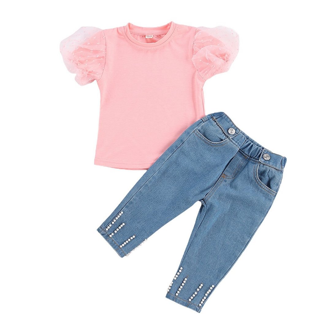 Infant Kids Baby Girls Puff Sleeve Long Pants Suit, Round Collar Pocket Two-pieces Set Solid Color Jeans Outfit