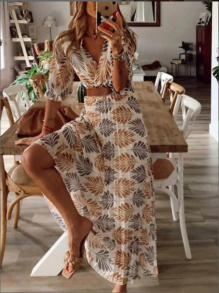 Mongw Mongw Summer Women's New V-Neck Print Folding Holiday Dress