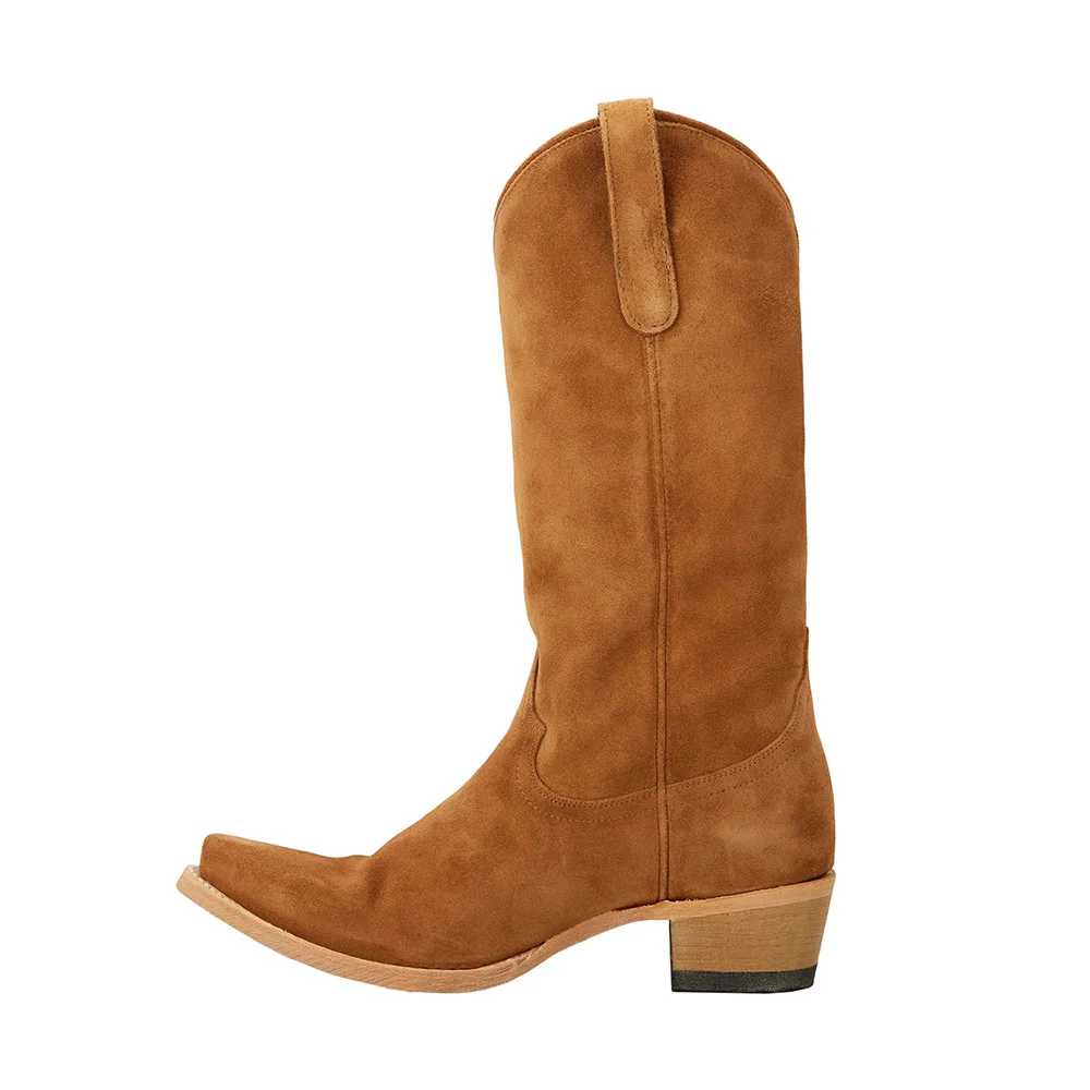 Tan Vegan Suede Sophisticated Snip Toe Low Heel Women's Western Boots