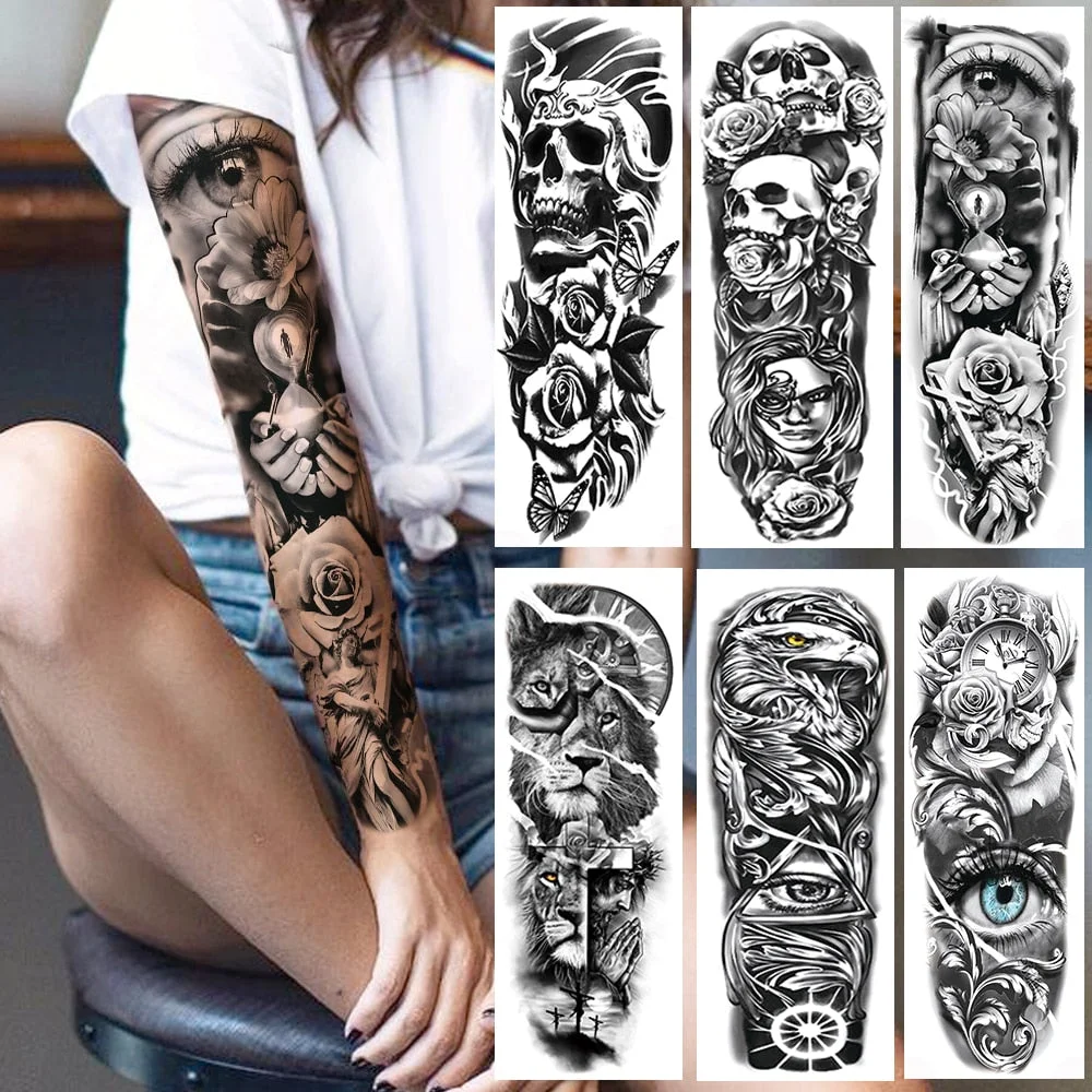 Full Arm Evil Eye Temporary Tattoo Sticker For Men Women Realistic Skull Rose Flower Tatoos Body Art 3D Waterproof Fake Tattoos