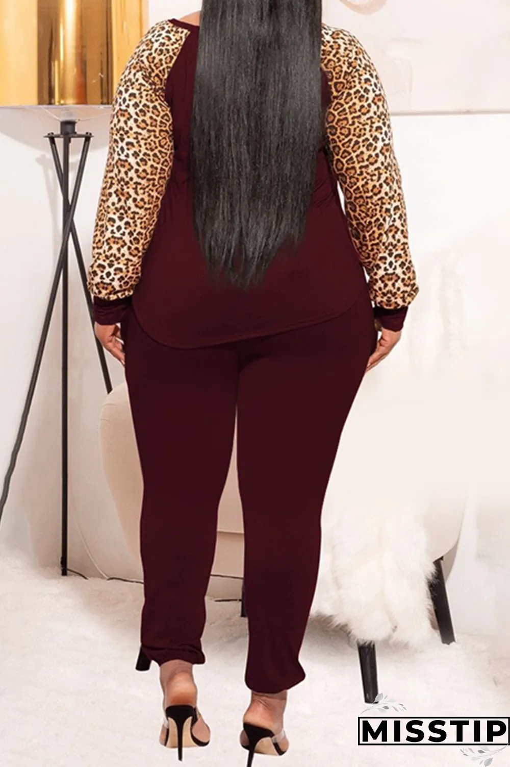 Earth Yellow Casual Leopard Patchwork O Neck Plus Size Two Pieces