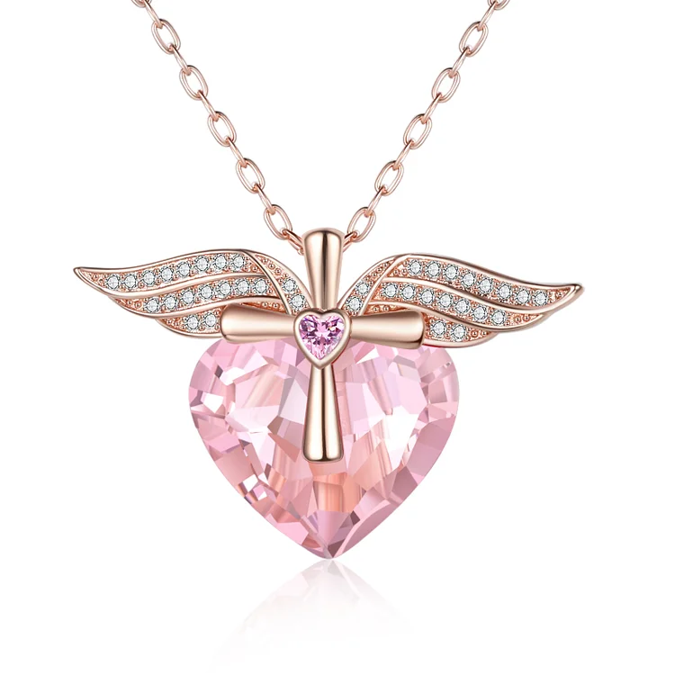 Heart Pink Crystal Necklace Angel Wings Cross Tourmaline Necklace for Her