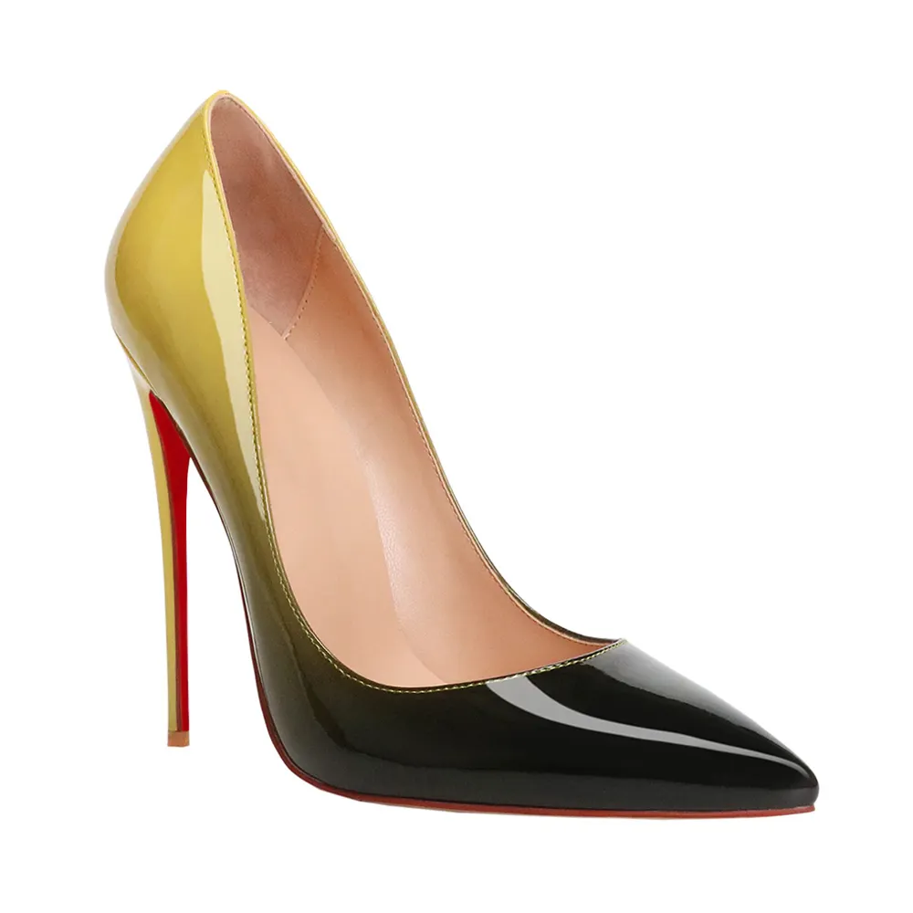 120mm Women's Party Wedding Heels Pumps Yellow Black Gradient Color Patent-vocosishoes