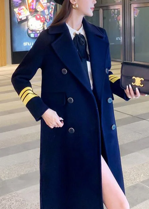 French Navy Peter Pan Collar Button Woolen Coats Long Sleeve