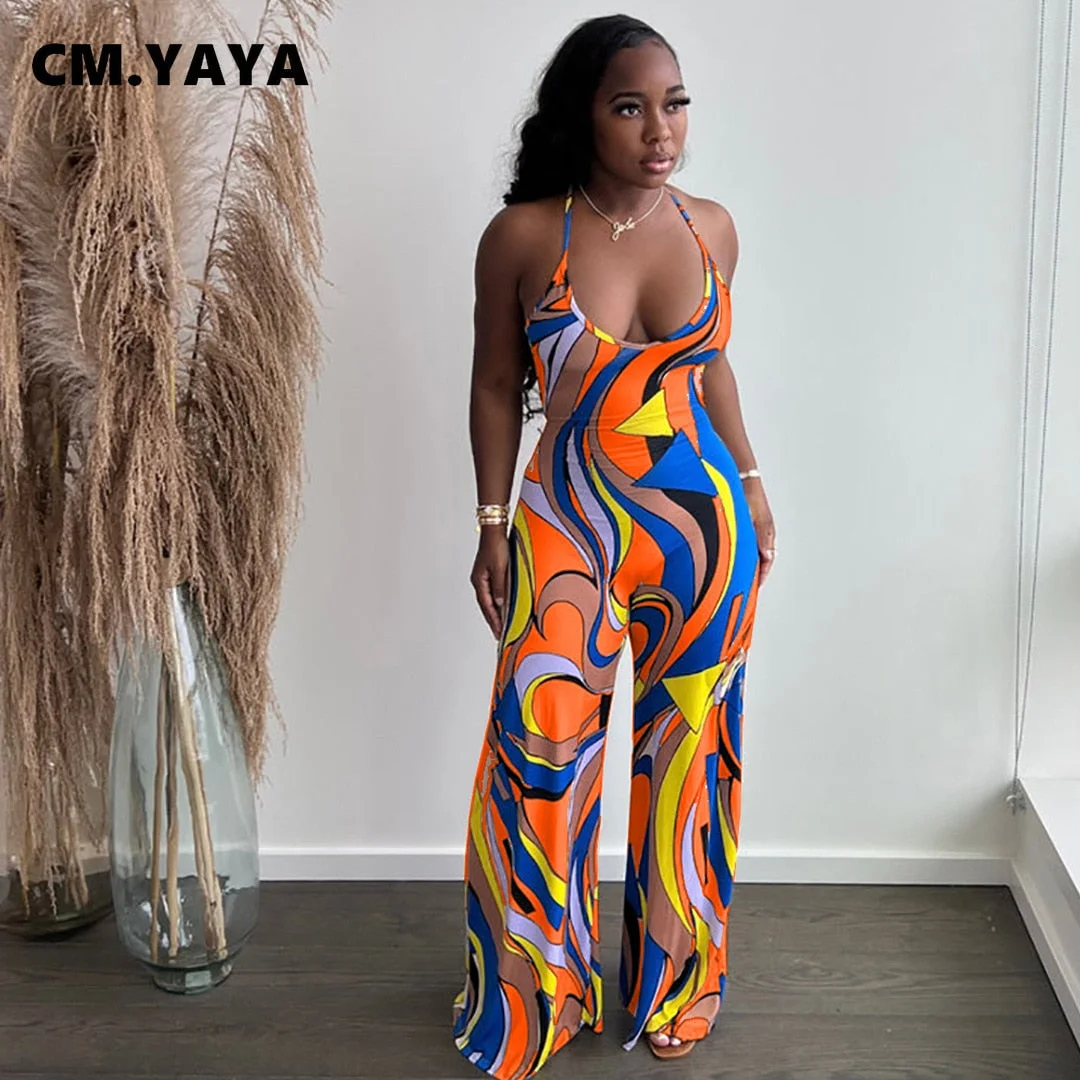 CM.YAYA Women Wave Paisley Spaghetti Strap Wide Leg Jumpsuit 2022 Summer Beach Holiday Sexy Party Blackless Playsuit Overalls