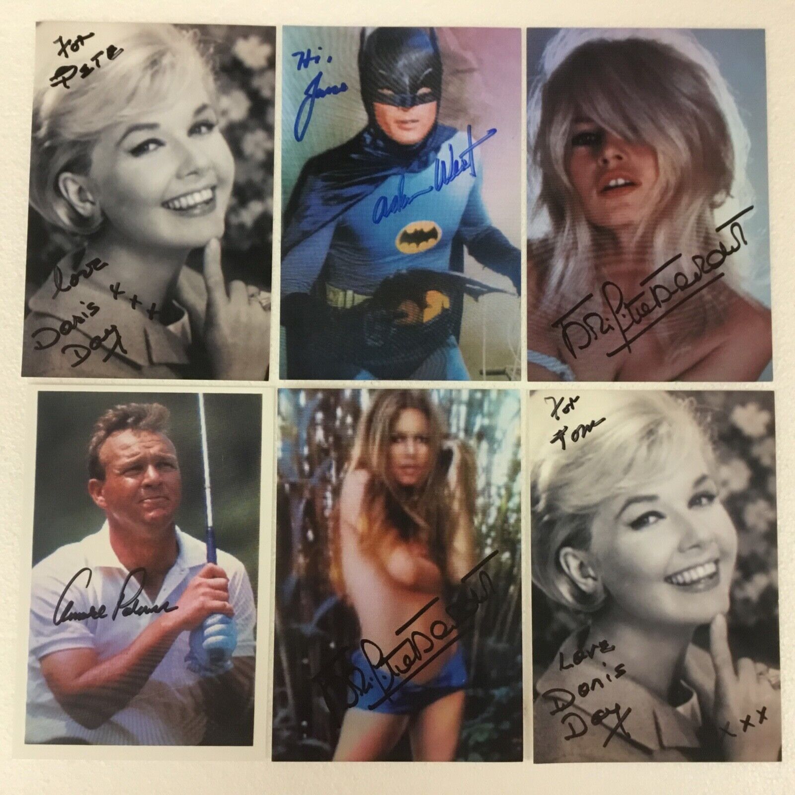 (6) AUTOGRAPHED Photo Poster paintingS, 2 BARDOT, 2 DORIS DAY, ARNOLD PALMER, ADAM WEST Pc464A