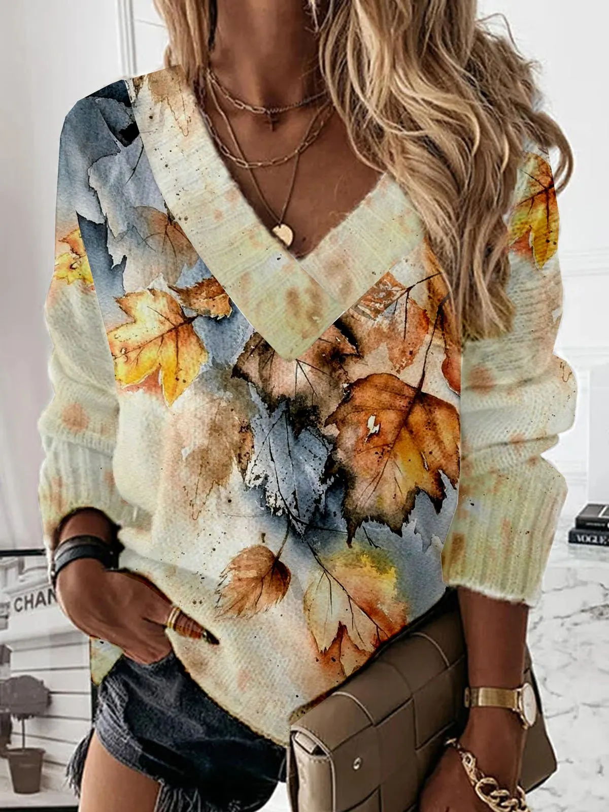 V Neck Casual Leaf Printed Wool/Knitting Plus Size Sweater