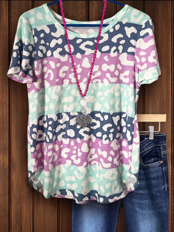 Mixed Leopard Print Stretch Knit Tee