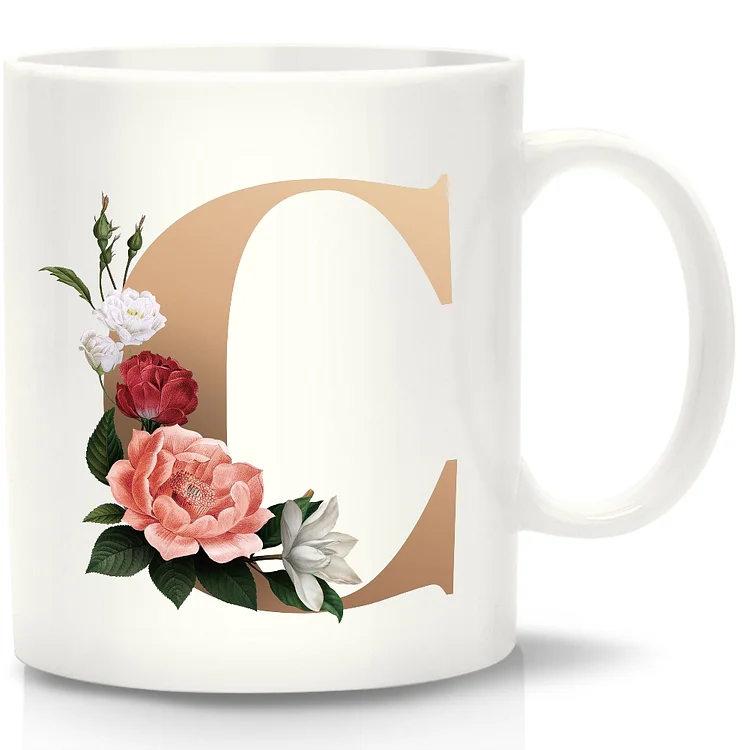 11oz Ceramic Water Cup with Handle Flower Letter Print Unique Coffee Cups