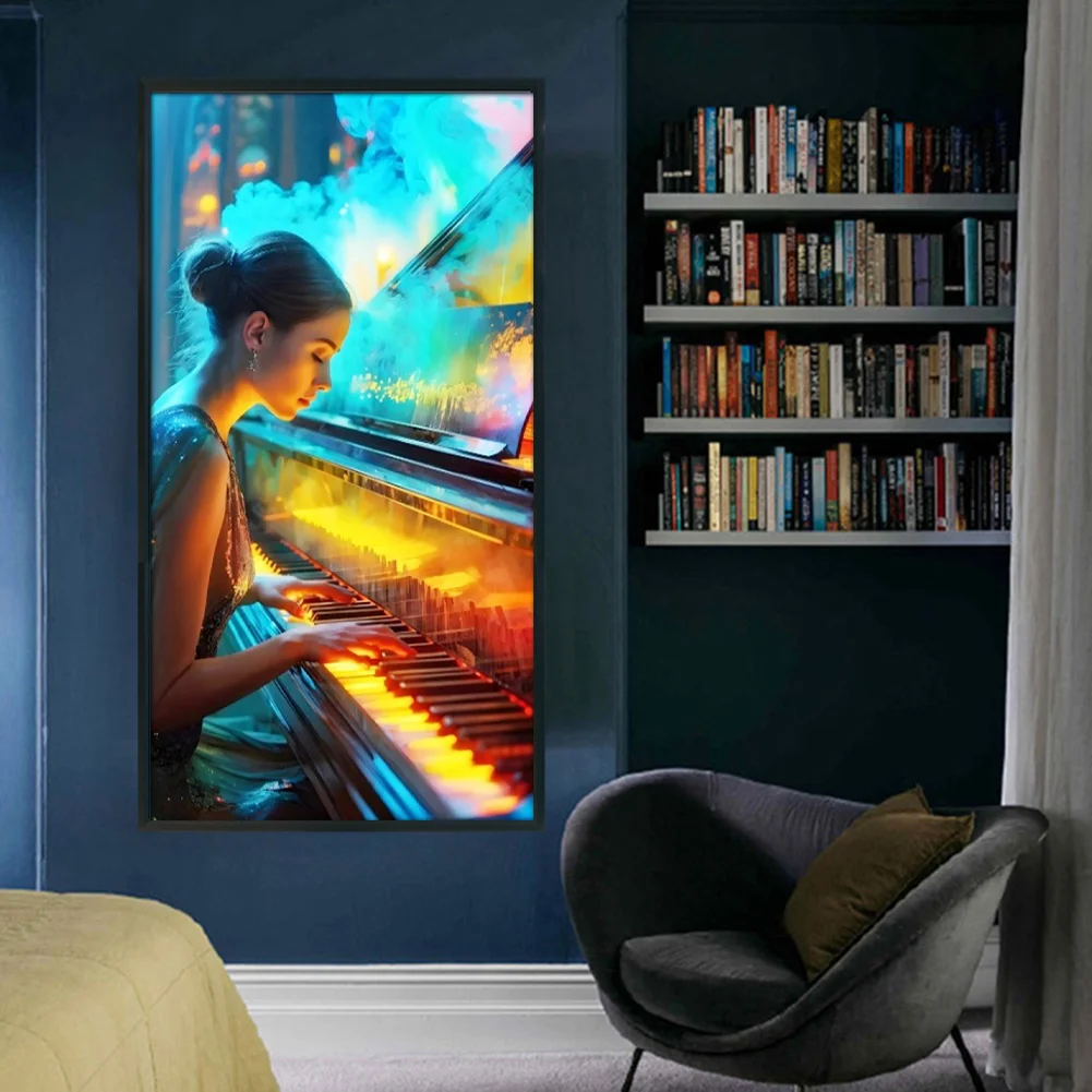 Full Embroidery Eco-cotton Thread 14CT Stamped Cross Stitch - Girl Piano(Canvas|40*70CM)