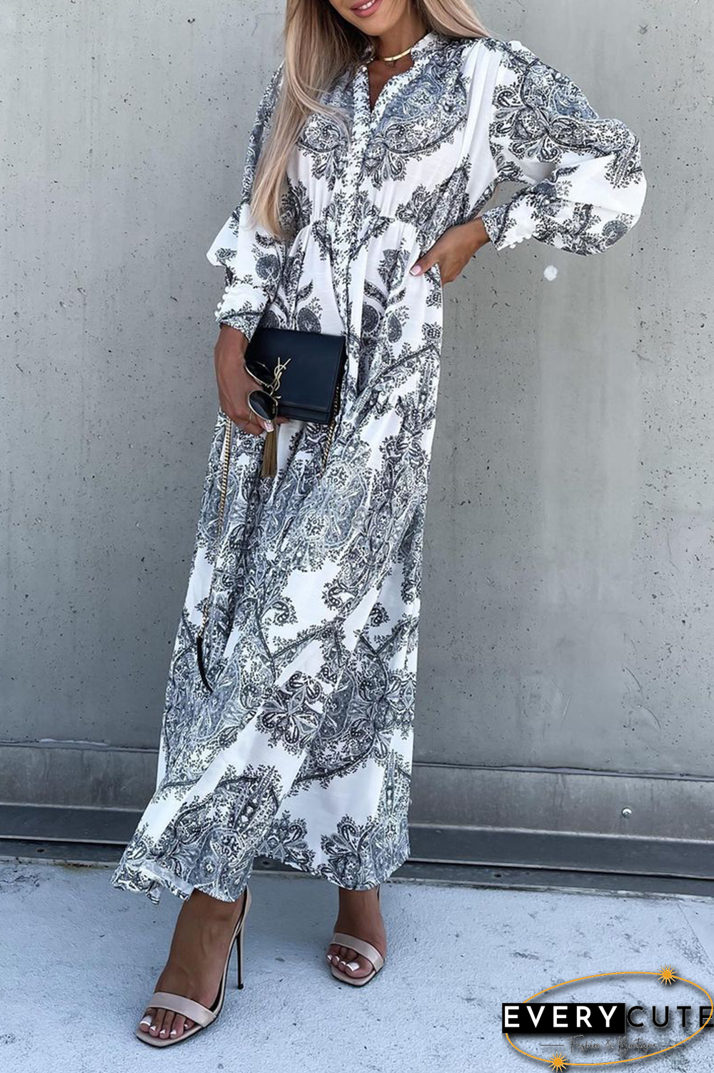 Elegant Print Split Joint Buckle V Neck Dresses