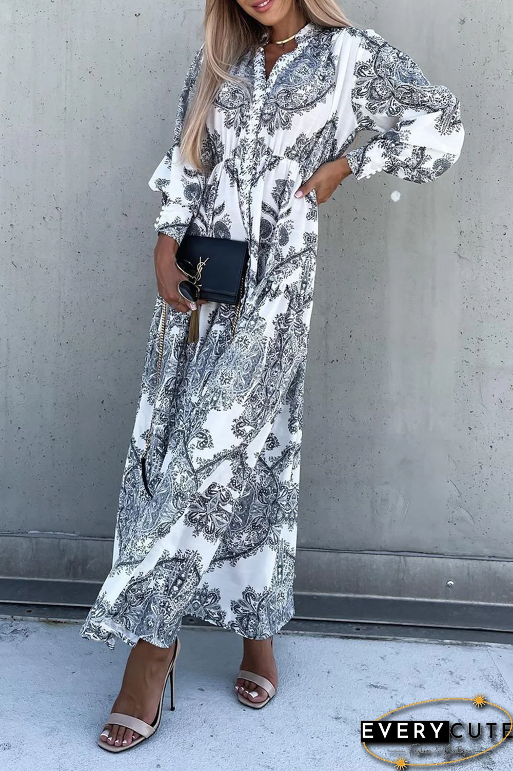 Elegant Print Split Joint Buckle V Neck Dresses