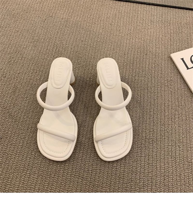 2022women's summer one word with square heels high heels lazy people square toe open-toe outside wearing beach half drag sandals