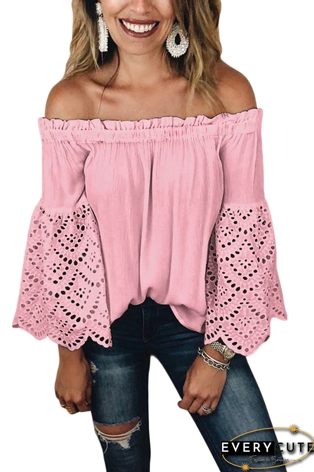 Pink Off The Shoulder Eyelet Sleeves Blouse