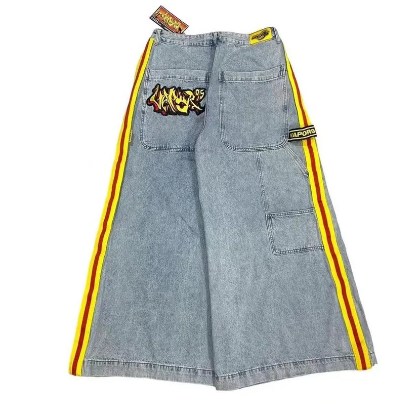 Ueong New High Street Tide Plate Side Seam Collision Color Splicing Pocket Printed Straight Tube Wide Leg Jeans For Men And Women