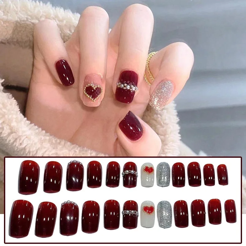 24Pcs/box Full Cover Short round press on nails Pink Dripping Shape Heart Bride nail tips Wearable Fake Nail with Glue for girls-Nail Inspo