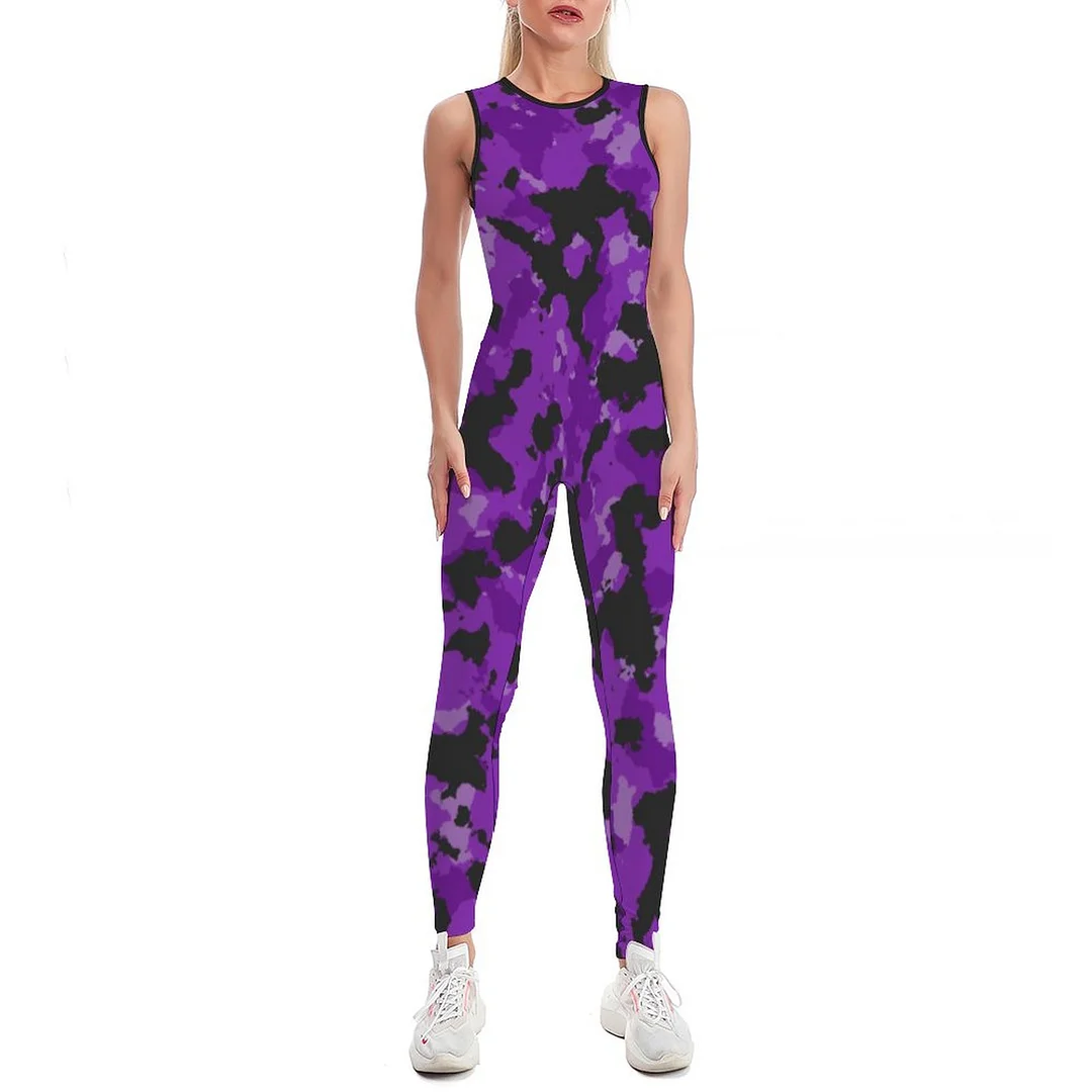 Purple Drank Camo Bodycon Tank One Piece Jumpsuits Long Pant Retro Yoga Printing Rompers Playsuit for Women