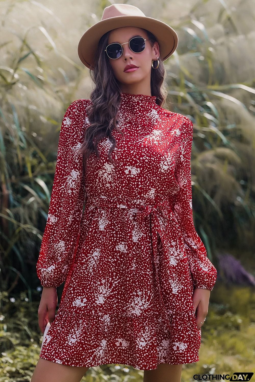 Printed Mock Neck Long Sleeve Tie Waist Mini Dress