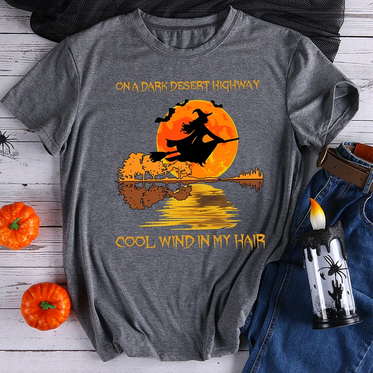 On a dark desert highway cool wind in my hair halloween t shirt tee