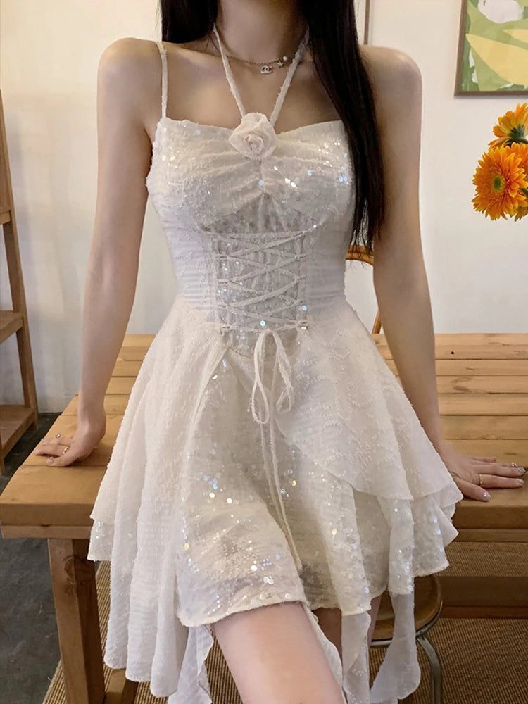 Women's A-line Luxury Dress Y2k Elegant Vintage Off Shoulder Sleeveless Mini Sequins Bandage Dress Party Club Aiertu