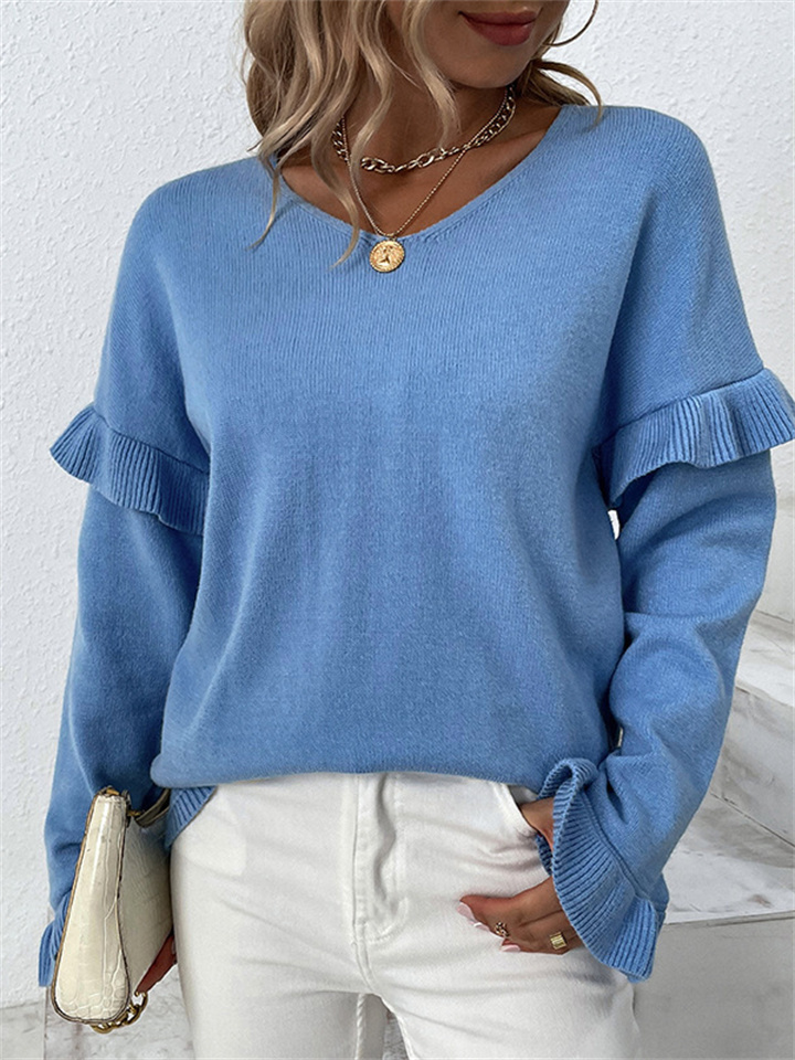 Solid Color V-neck Petal Sleeve Sweater Autumn and Winter New Fresh Sweet Knit Sweater for Women