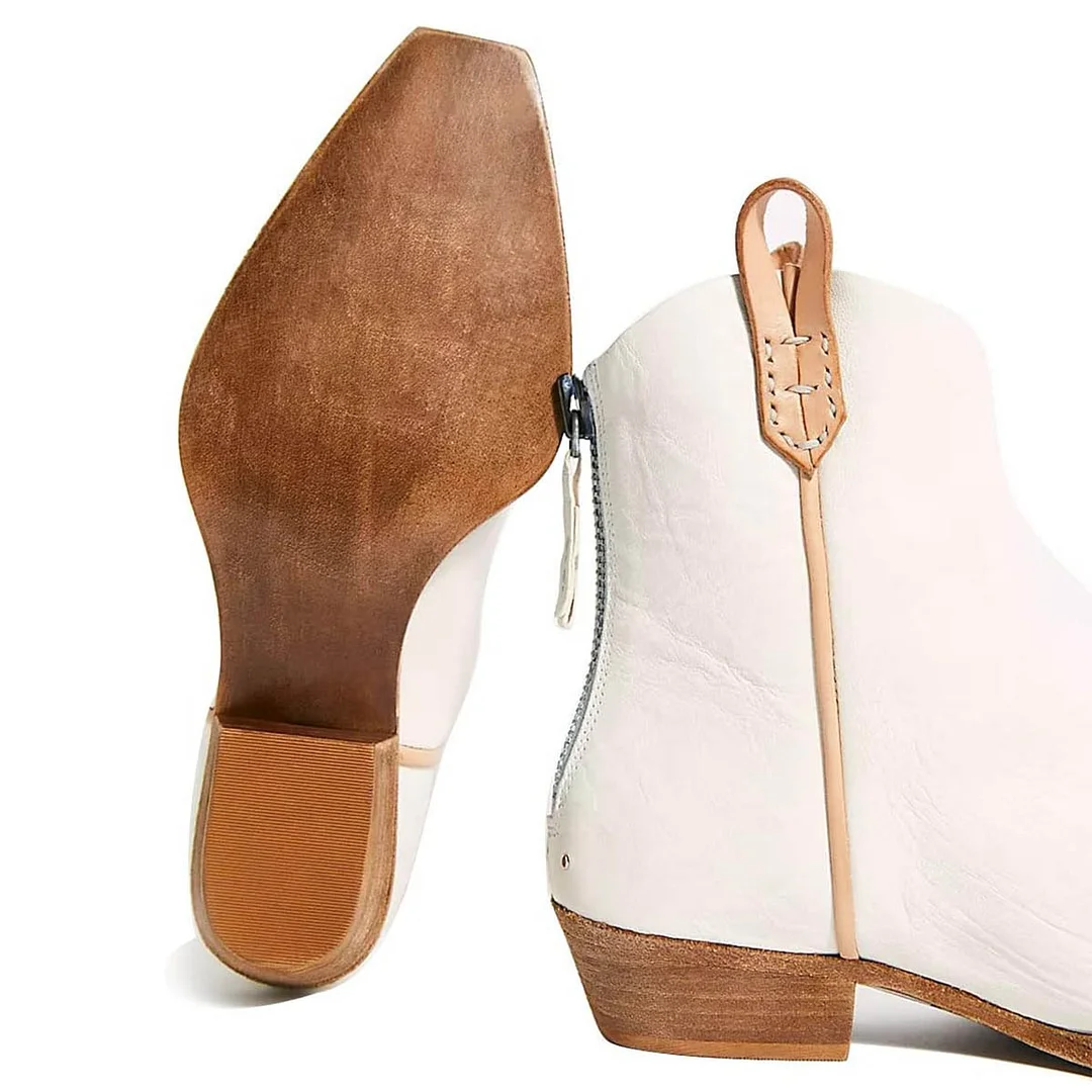 Ivory Snip Toe Brown Pull Tab Vintage Low Heel Cowgirl Ankle Boots