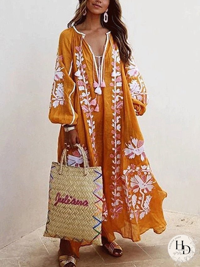 Casual Dress Swing Long Maxi Green Blue Khaki Sleeve Floral Patchwork Fall Spring Neck