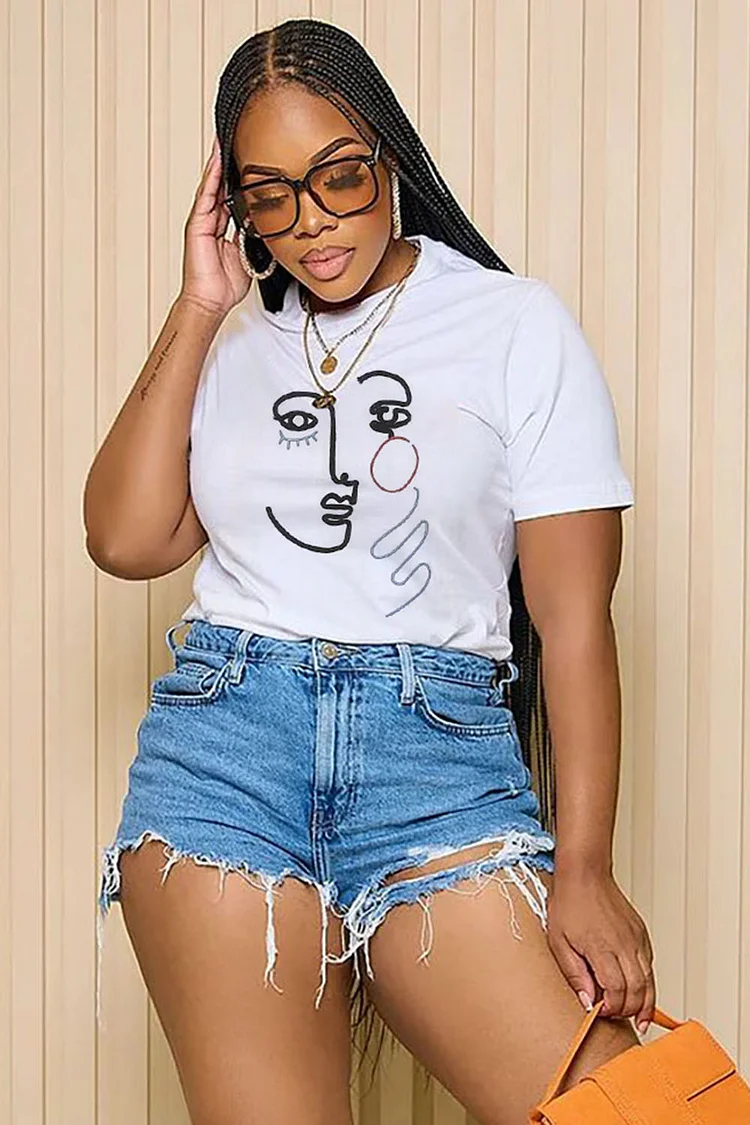LORAGAL Abstract Drawing Face Print Short Sleeve Casual T-Shirt-White
