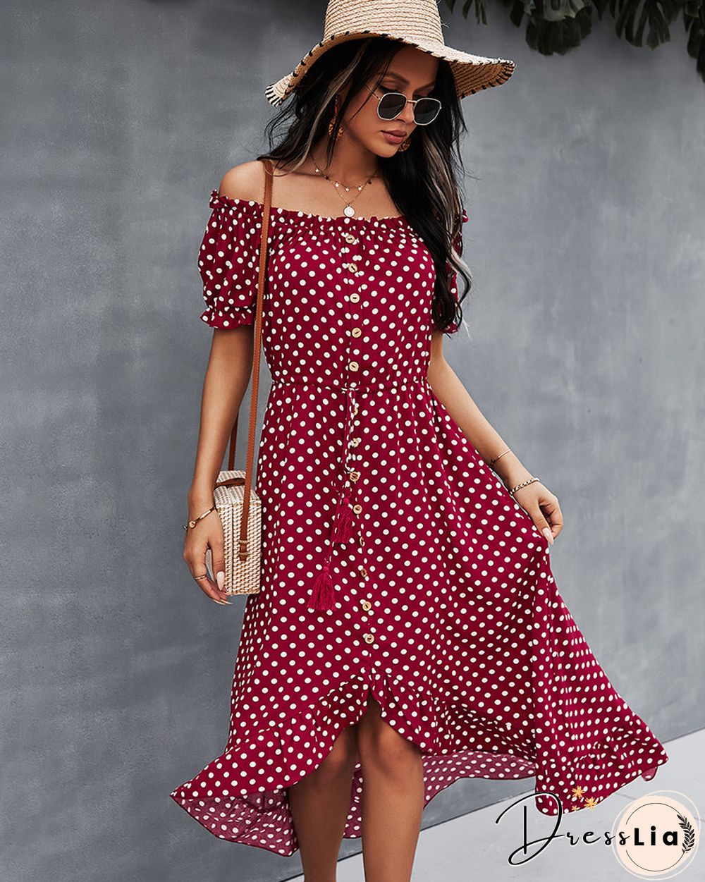 Off Shoulder Polka Dot Button Down Maxi Dress