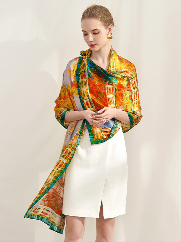 Large Silk Scarf Satin Landscape Painting Style