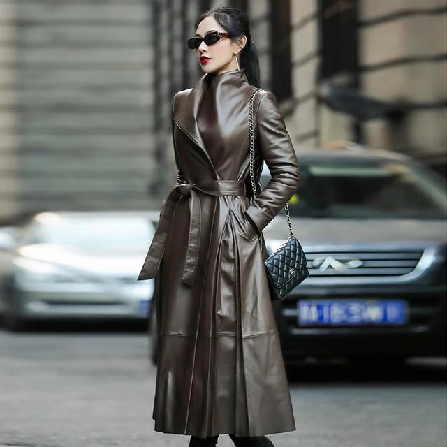 Elegant Adjustable Waist and Pocket Decor Long Sleeve Faux Leather Long Coat