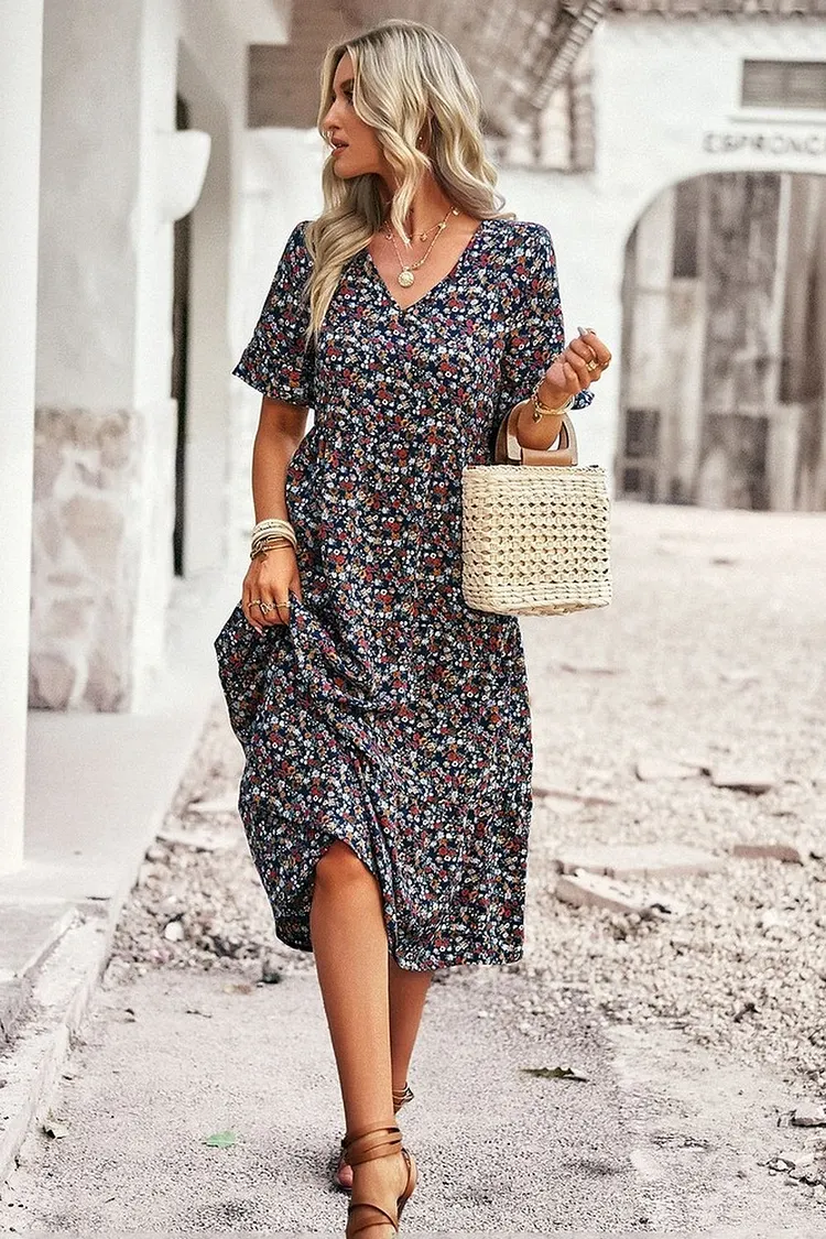 Sweetheart V - Neck Floral Print Dress with Short Sleeves