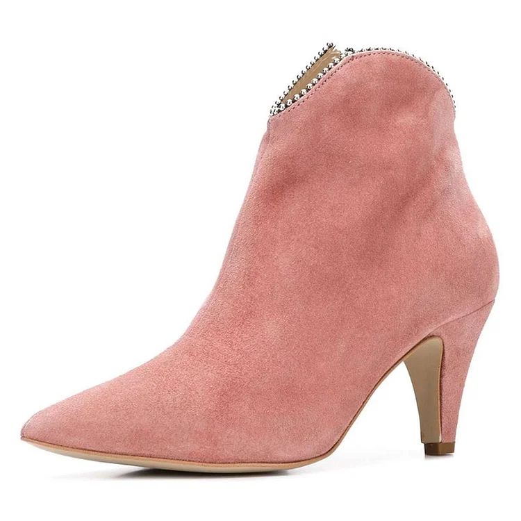 Pink Vegan Suede Zipper Pointy Toe Cone Heel Ankle Boots |FSJ Shoes