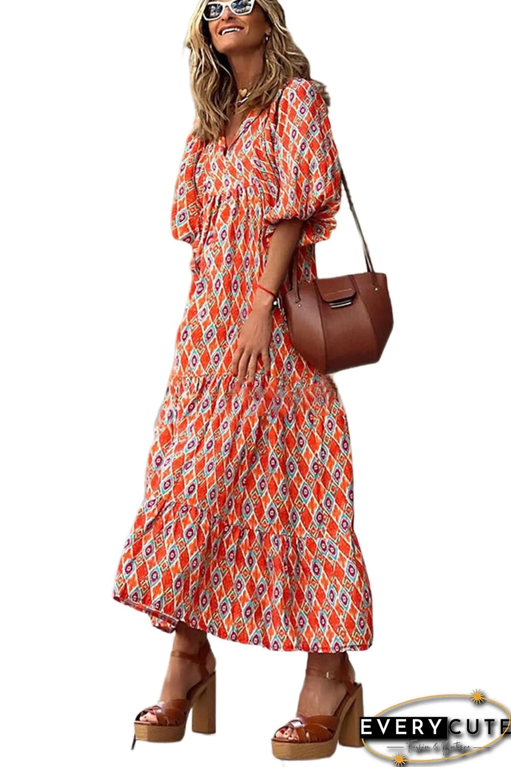 Ethnic Geometry Print Bubble Sleeve Maxi Dress