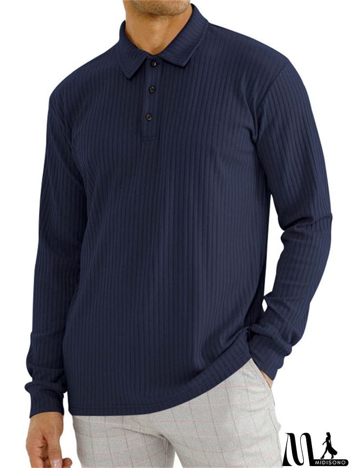 MidiSono - Men's Fall Lapel Long Sleeve Stripe Texture Golf Shirt