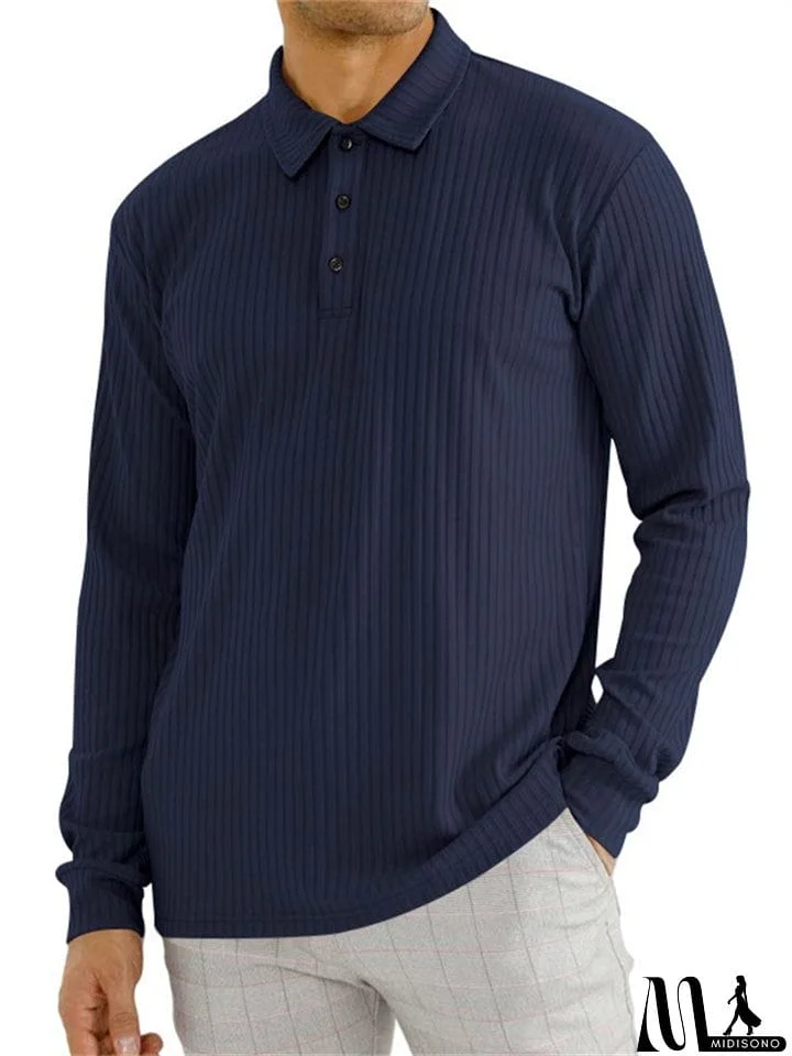 MidiSono - Men's Fall Lapel Long Sleeve Stripe Texture Golf Shirt
