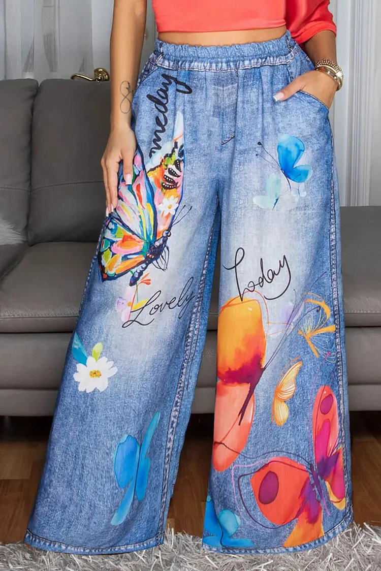 Butterflies Print Denim High Waist Wide Leg Jeans-Blue