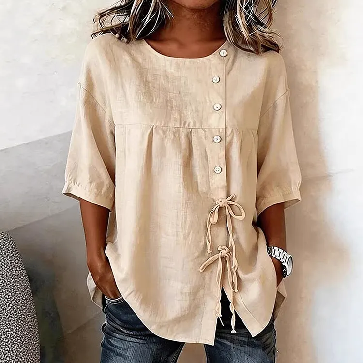 Buttoned Crew Neck Lace-up Mid-sleeve Shirt