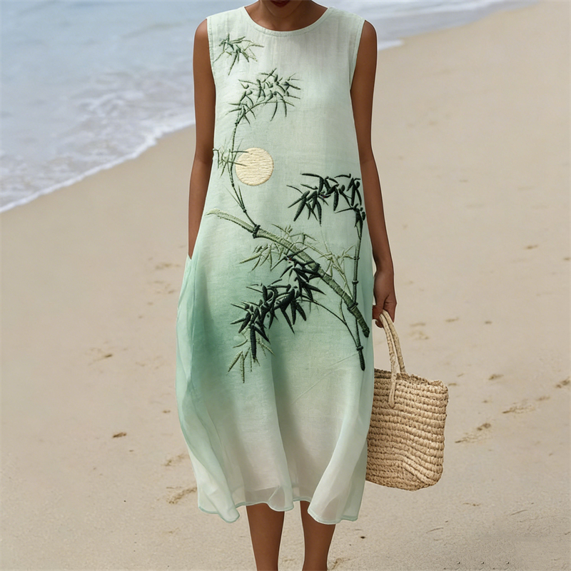 Classy Bamboo Full Moon Gradient Flowy Linen Tank Dress wearshes