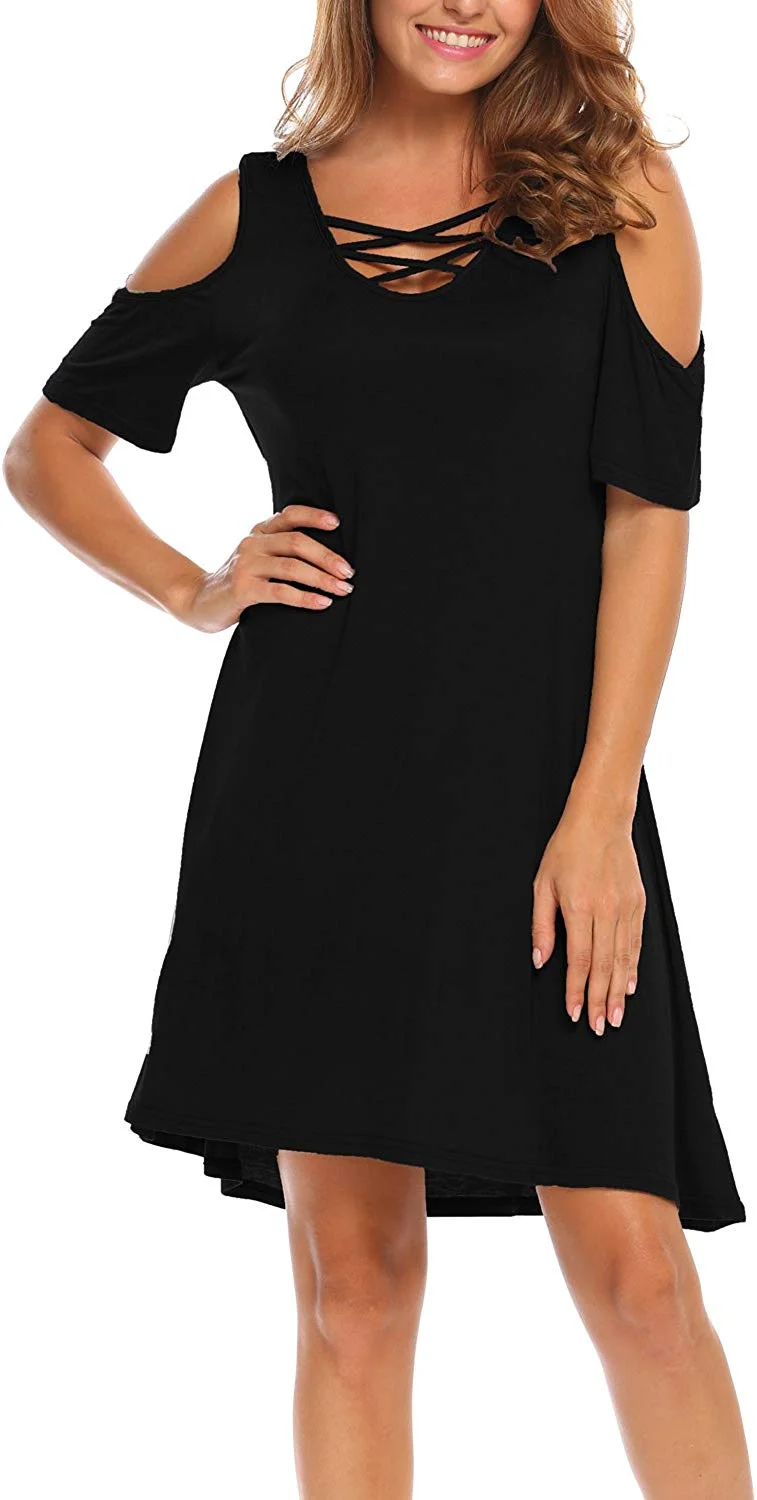 Women Summer Cold Shoulder Criss Cross Neckline Short Sleeve Casual Tunic Top Dress (S-3XL)