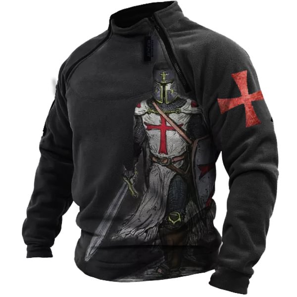 Men's Retro Crusade Printed Zipper Round Neck Long Sleeved Sweatshirt