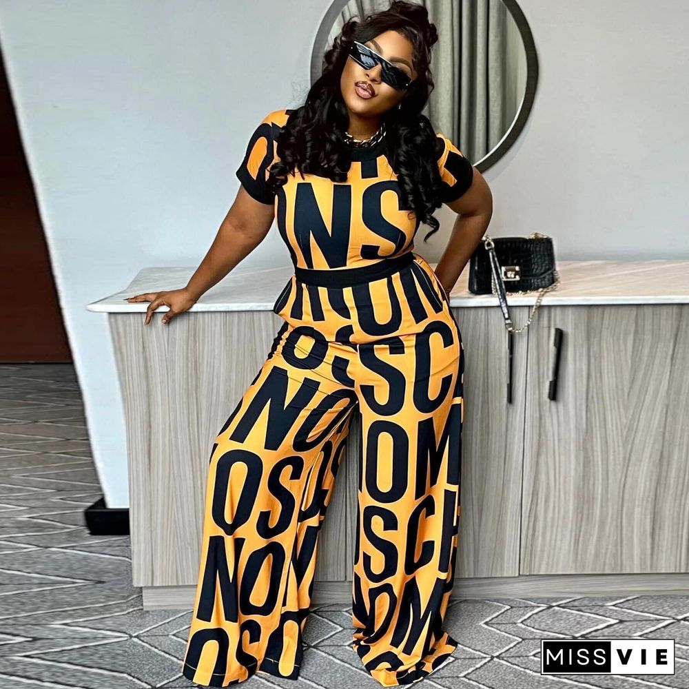 Letter Print Streetwear Short Sleeve Wide Leg Jumpsuits