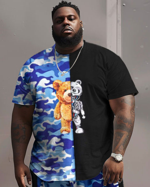 Street Casual Camouflage Colorblock Bear Print Large Men's Set T-Shirt-Blue-2XL