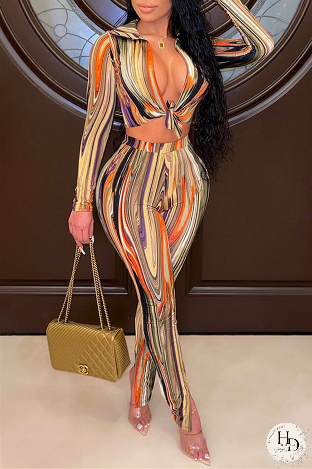 Rose Red Blue Sexy Casual Print Bandage Turndown Collar Long Sleeve Two Pieces