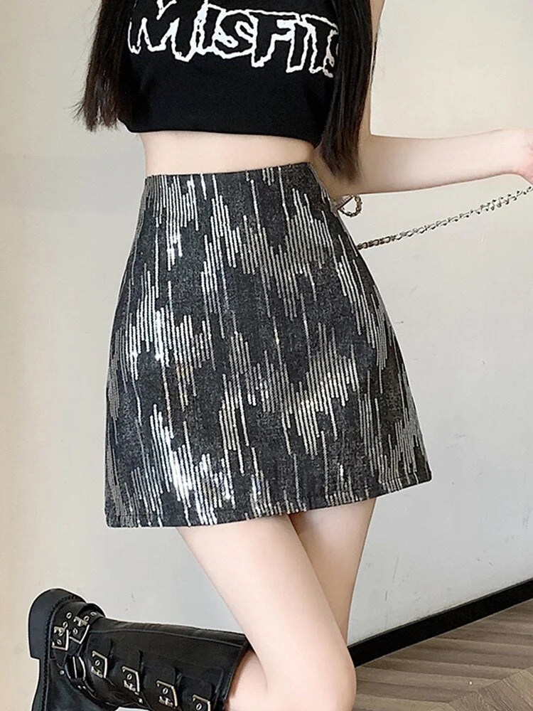 Nncharge Summer Women Casual Empire Slim Bodycon Skirt Lady High Street Shine Sequined Mini Skirt Female A-line Short Skirt