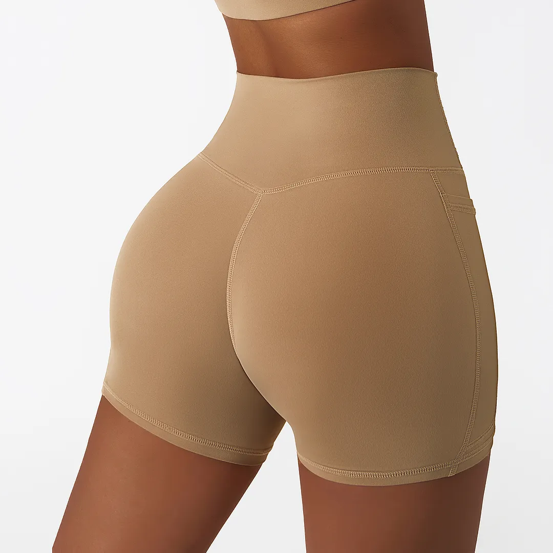 Buy Hergymclothing Sand Brown high rise no camel toe squat proof tummy control comfort lightweight buttery soft thin opaque fitness gym shorts online