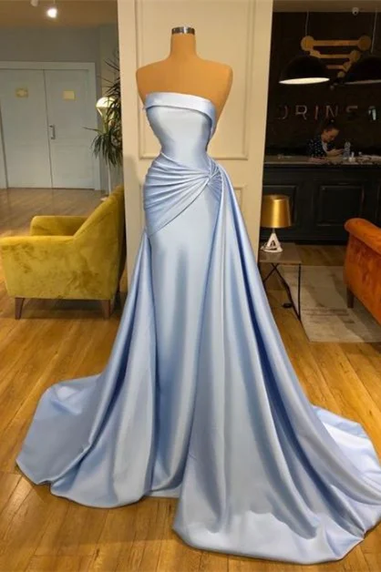 Elegant Strapless Baby Blue Mermaid Evening Dress Long With Ruffle PD0616