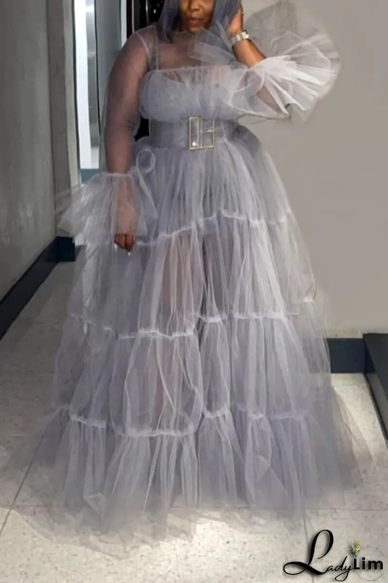 Plus Size Solid Sheer Ruffle Sleeve Maxi Dresses